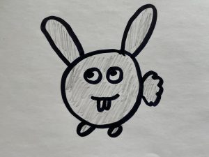 Drawing of Rose the rabbit, looking up and to the side.