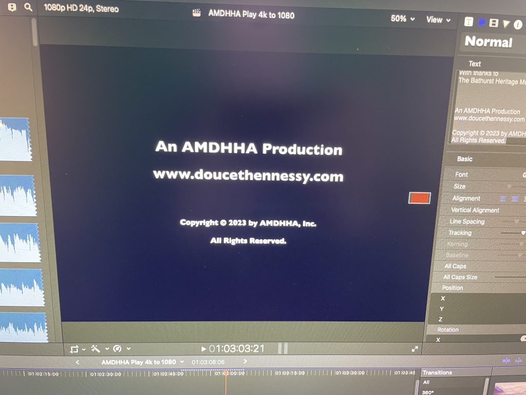 Screenshot of Final Cut Pro showing the end credits of An AMDHHA Production.