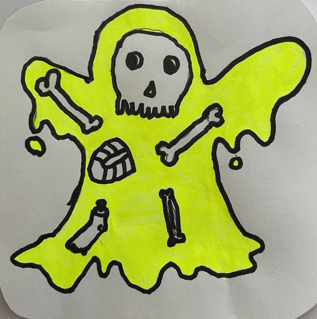 Sharpie drawing of a ghost, coloured in with a highlighter.